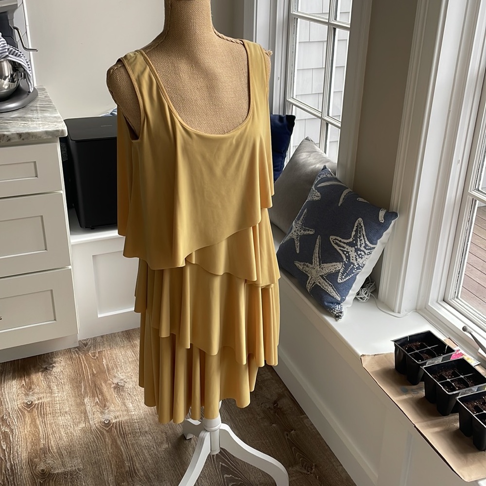 Joseph Ribkoff Mustard color layered ruffle dress - Picture 1 of 9